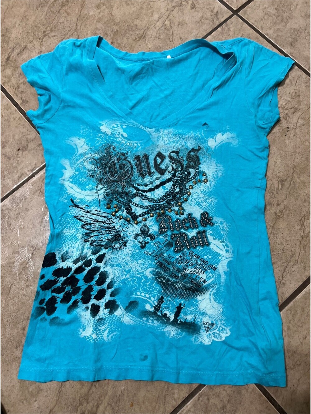 Womens Guess Rock & Roll Embellished Bedazzled Animal Print Blue Shirt 16x24 y2k